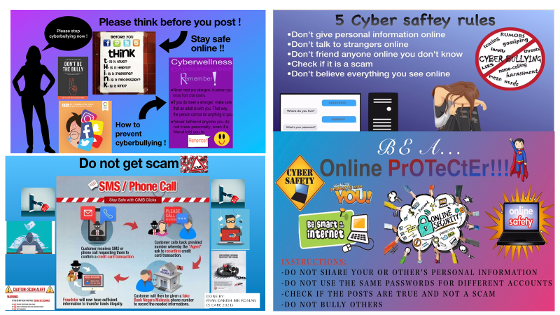 A collage of four cyber safety posters covering cyberbullying prevention, online scams, and internet safety rules.